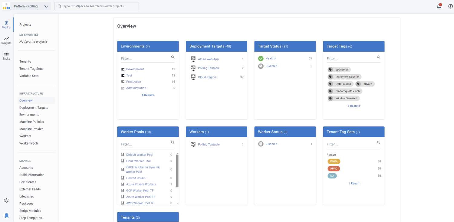 The Infrastructure overview dashboard in the Octopus Web Portal