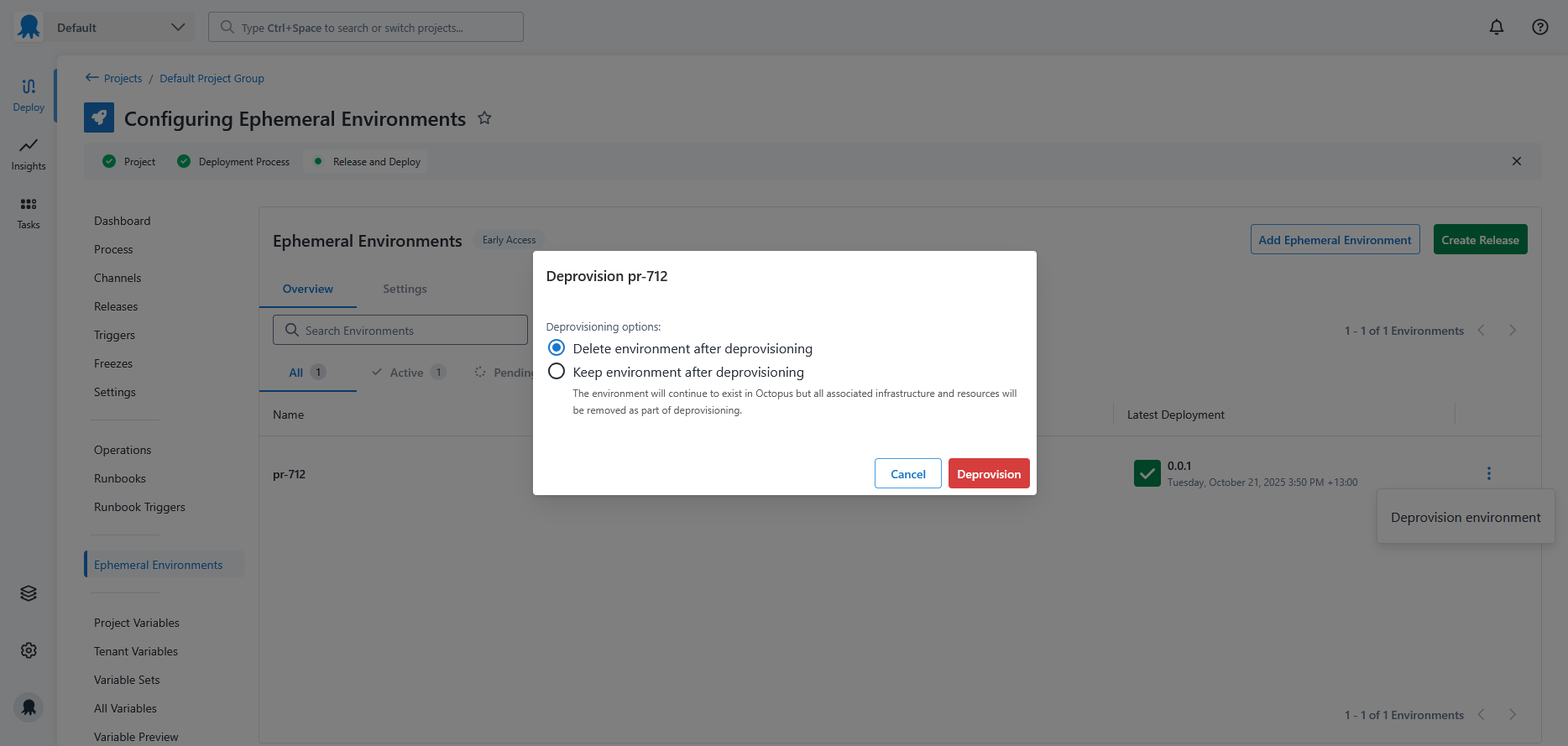 Deprovisioning an ephemeral environments from within a project